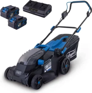 Scheppach Akku-Rasenmäher Set BC-MP380-X inkl. 2x 4Ah Akku + 4,5A Doppelladegerät | 38 cm Schnittbreite | 45 L Fangbox | 6 Stufen Schnitthöhen