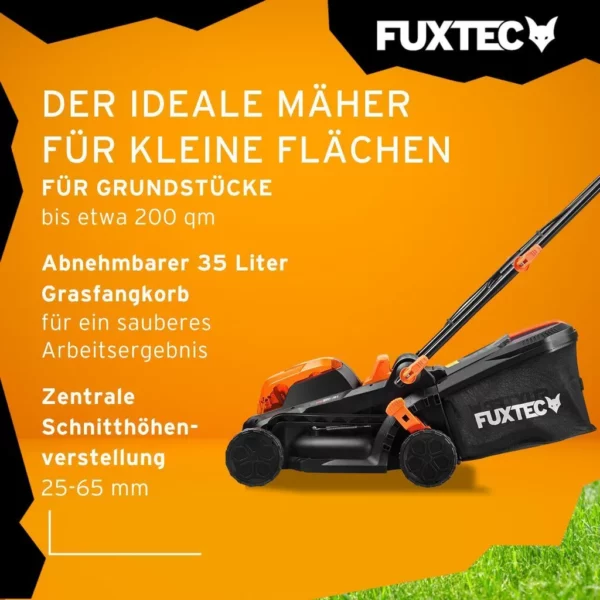 FUXTEC 40V Akku Rasenmäher FX-E1RM20 SET - 33cm Schnittbreite | 14Kg | 2x20V | 2 x Akku 2Ah | Doppel- Ladegerät 2,4A | 2,5-6,5cm Schnitthöhe