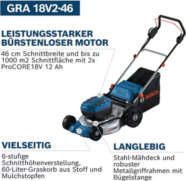 Bosch Professional 18V System Akku-Rasenmäher GRA 18V2-46 (Schnittbreite: 46 cm, 6-stufige Höheneinstellung, 60-Liter-Textil-Grasfangkorb, inkl. 2 x Isolierschlüssel, Mulcher)