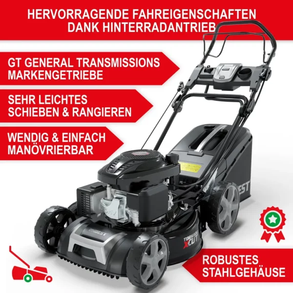 ONBEST TXC-3653E Rasenmäher Benzin mit Antrieb | 53 cm Schnittbreite | Elektrostart | 6,5 PS | Doppelmesser mit Sograd